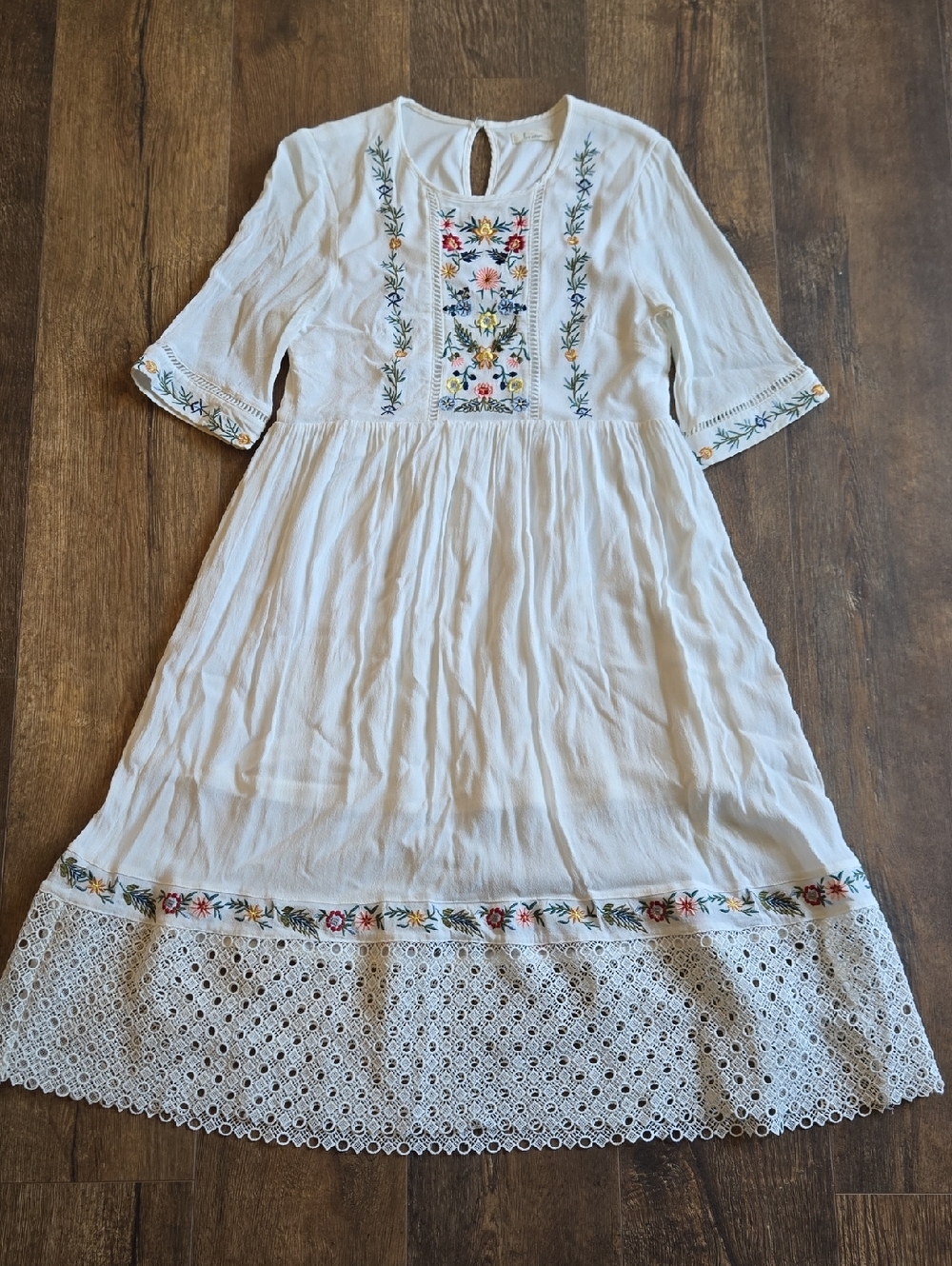 White Embroidered Boho Midi Dress with Lace Hem